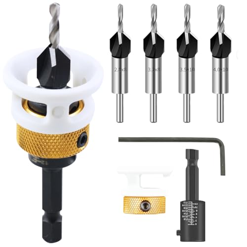 Broca Avellanadora Madera con Tope de Profundidad Ajustable, Juego de 6 HSS Brocas Avellanadas Cónica, Vástago Hexagonal de 1/4', para Carpintería y Bricolaje