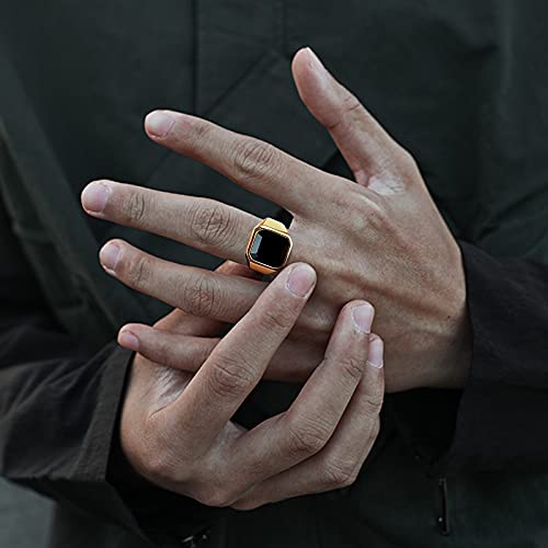 Mealguet Gold Plated Stainless Steel Signet Rings With Black Agate For Men,Pinky Ring Band For Men,Gemstone Ring For Men,Size 7 #TOP4