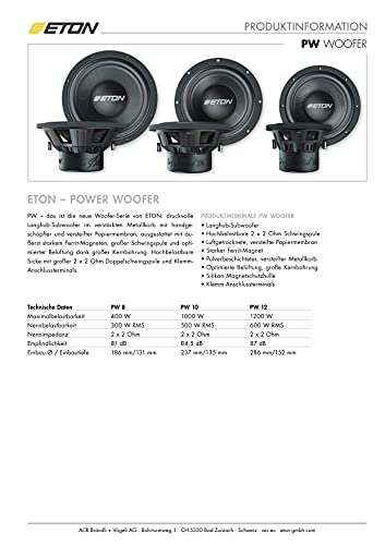 ETON PW 8: Kräftiger 20 cm / 8 Zoll Langhub Woofer, Bass fürs Auto, Bass Lautsprecher mit Ferritmagnet, handgeschöpfter Papiermembran, 2 x 2 Ohm Doppelschwingspule, 400 Watt