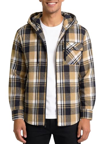 Hooded Flannel Shirt for Men Casual Zip Up Plaid Shirt Fall Stylish Long Sleeve Plaid Hoodie with Pocket