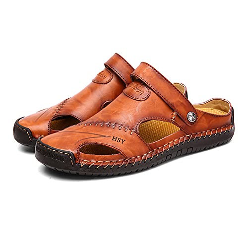 Sandals for Men Closed Toe Leather Sandals Beach Casual Outdoor Hiking Fisherman Sandals Shoes Wide Width Waterproof Anti-Slip Slippers Sandals (Red Brown)