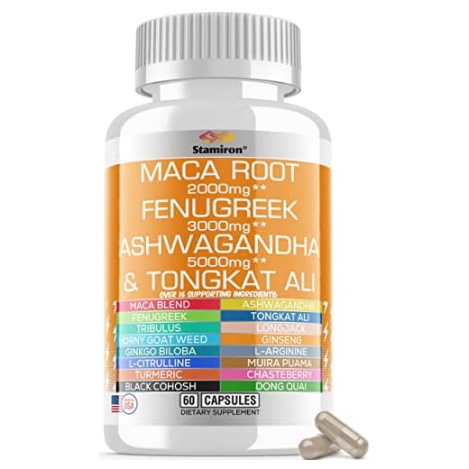 Maca Root 2000mg Fenugreek 3000mg Ashwagandha 5000mg Supplement with Tongkat Ali, Dong Quai, Black Cohosh Root, Ginkgo Biloba, L Arginine, L-Citrulline, Ginseng, Turmeric - Made in USA Stamiron (60Ct)