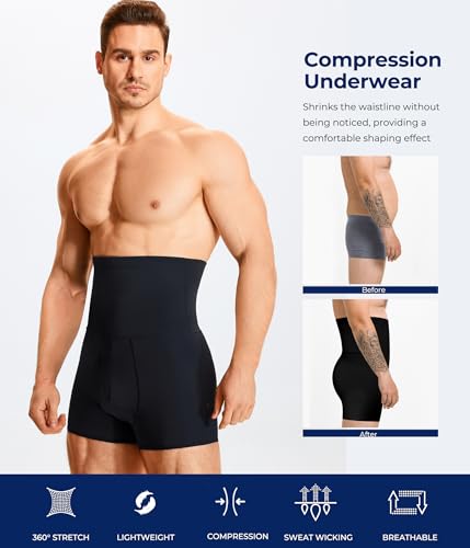 TAILONG Men Tummy Control Shorts High Waist Slimming Underwear Body Shaper Seamless Belly Girdle Boxer Briefs (Black with Fly, 2XL)
