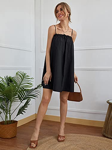 Image of OYOANGLE Women's Spaghetti Straps Sleeveless Loose Ruffle A Line Cami Short Dress with Pocket