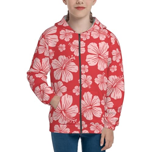 Red Hibiscus Flower Kid Hoodies Boys Zip Up Sweatshirts Girls Pullover with Pocket3
