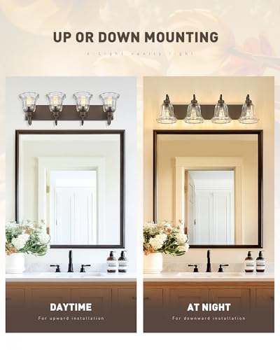 Image of zeyu 4-Light Bathroom Vanity Lighting in Oil Rubbed Bronze Finish, Farmhouse Wall Mount Fixture Over Mirror with Clear Striped Glass, ZJX117B-4W ORB