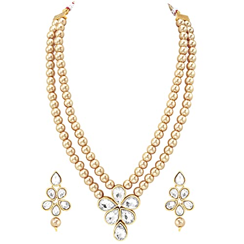 Image of Peora Crystal Faux Pearl Kundan Necklace & Jewellery Set Gift for Women