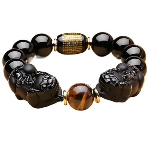 Bracelet Obsidienne Noire et Oeil de Tigre Jaune 16mm Élastique Robuste