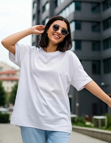 Image of JUNEBERRY Pure Cotton Oversized Baggy Fit Half Sleeve Drop Shoulder Plain Solid Round Neck T-Shirt for Women (Available in Black, White, Lilac, Cork, Maroon, Royal Blue, Swan White, Soap Nut Colors)