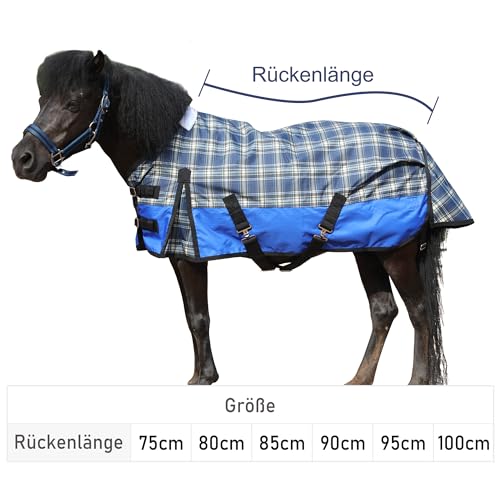 Gallopoff 600D Regendecke für Shetty & Fohlen, Wasserdicht, Winddicht, Atmungsaktiv, Reißfest, Ohne Füllung (0 g) Ponydecke Blau kariert 90 cm