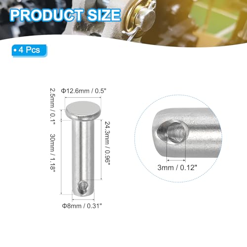 PATIKIL 4 Stück 30mm Lange Steckbolzen 8mm Durch. Flachkopf Edelstahl Bolzen mit Loch 3,2mm Durch. Einlocher Sicherungsbolzen für Industrie Maschinenbau Anhänger Scharnier Möbel, Silber