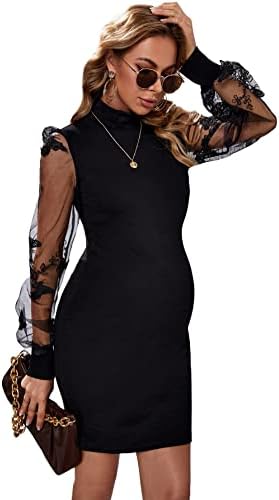 OYOANGLE Women's Maternity Rib Knit Contract Lace Mesh Mock Neck Butterfly Embroidery Lantern Long Sleeve Bodycon Mini Dress Black L