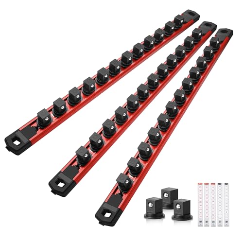 Reniteco Magnetic Socket Organizer Set 3PC 1/2-Inch Drive Aluminum Alloy Socket Rail Heavy Duty Magnetic Socket Holder for Tool Box Drawer 360 Swivel Socket Rack 1/2 x 36 Clips Red