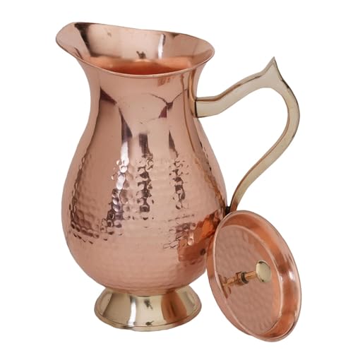 100% Pure Copper Pitcher 1500ml (50.72 oz) – Hammered Copper Water Jug with Lid & Handle, Ayurvedic Copper Water Carafe, Traditional Mughlai Copper Vessel for Drinking Water, Unlined & Lacquer-Free
