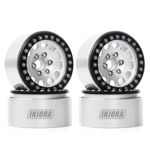 INJORA RC Rims 4pcs 1.9 Inch Beadlock RC Wheel Rim Set Wheel Hub for 1:10 RC Crawler Axial SCX10 SCX10 II 90046 SCX10 III AXI03007 TRX4 D90 12mm Hex (Black&Silver)