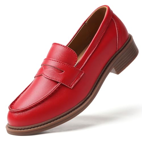 QJN Penny Loafers for Women Red Leather Non Slip Work Shoes for Women's Loafers & Slip-Ons Ladies Business Casual Shoes Comfortable Cute Lightweight Sneakers Soft Driving Dress Flats Size 8