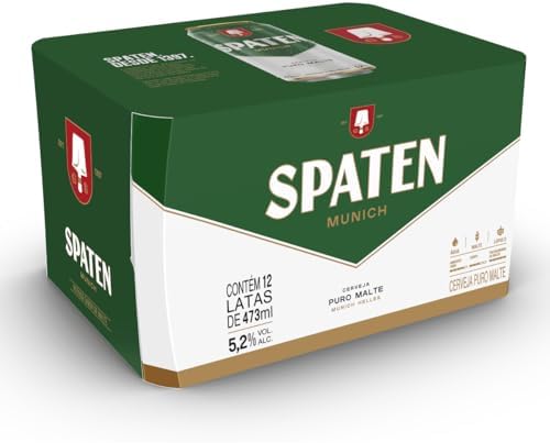 Caixa fechada com 12 latas de cerveja Spaten Puro Malte de 473ml cada, exibindo a marca e as informações do produto