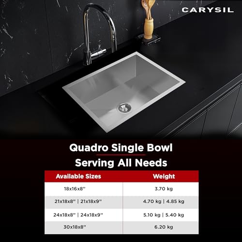 Image of Carysil Quadro Series Zero Radius Single Bowl Kitchen Sink, Stainless Steel Kitchen Sink, 304 Coupling, Noise Reduction Design, Deep Bowl with Sloping Drain, 24x18x9 inches, Satin Finish
