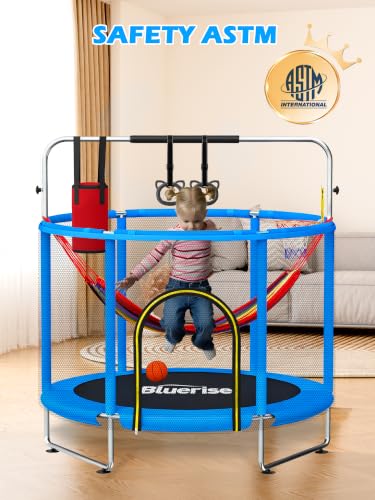 Image of BLUERISE 55IN 6FT Indoor /Outdoor Toddler Trampoline for Kids | Galvanized Steel Pipe,Multiple Activity Accessories,110lb,Safety Enclosure,Basketball Hoop,No-Gap Design,Anti-Rollover Bottom