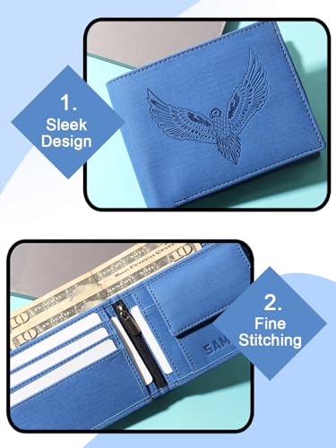 Image of SAMTROH Vegan Leather Wallet for Men | Vintage Printed | Premium Vegan Leather Craftsmanship | 3 Card Slots I 2 Cash Compartments & Secret Slots | 1 Coin Pocket. (Eagle, Blue)