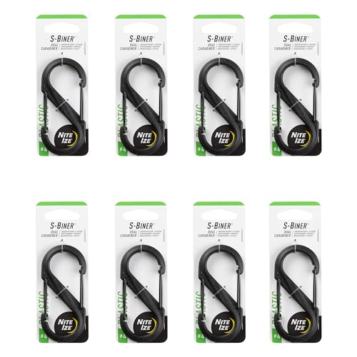 Nite Ize-Biner Dual Carabiner Plastic - Durable Dual Carabiner with Wire Gate Closure for Organizing Keys & Keychain Attachments - Size 4, Black (8 Pack)