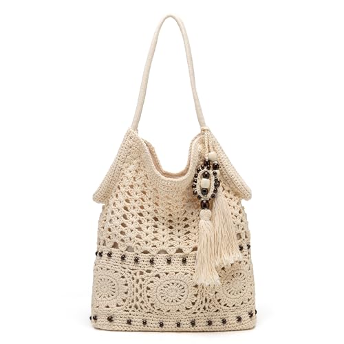 Rejolly Crochet Hobo Bag for Women Boho Handmade Woven Macrame Tote Bag Summer Vacation Beach Handbags Bohemian Ethnic Style Shoulder Purse with Tassels Cream White