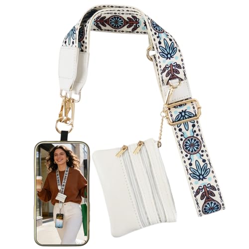 WaClaw Clip and Go Strap for Phone with Wallet Crossbody, Phone Strap with Zippered Wallet, Adjustable Anti Theft Cellphone Lanyard for Women, Cellphone Chain Accessories (White Blue)