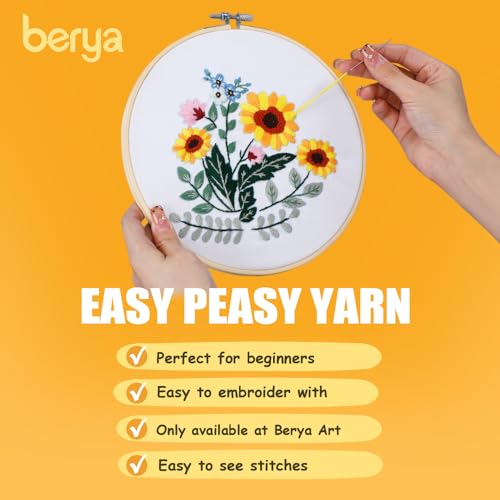 Image of BERYA Embroidery Kit for Beginners, Flowers and Leaves Embroidery Practice Kit, Hand Floral Embroidery Starter Kit for Adults with Video Step by Step Instructions, Hoops, Threads and Needles (BEF012)
