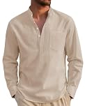 J.VER Linen Shirts Men Long Sleeve Regular Fit Casual Beach Summer Henley Shirt for Men with Pocket Khaki L