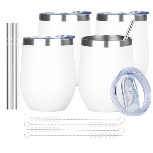 Image of MEZMUT 12oz Insulated Wine Tumbler with Lid Double Wall Vacuum Stainless Steel Wine Glass Coffee Mug Insulated Tumbler Cup for Champaign, Cocktail, Beer (White,4 Pack)