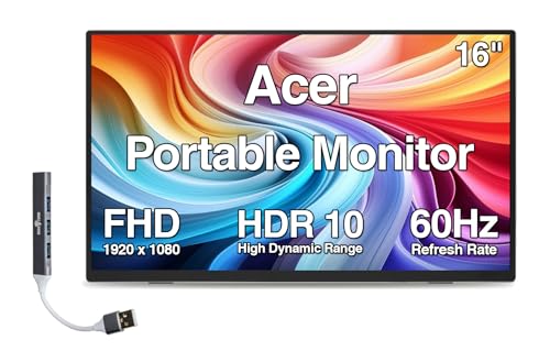 Image of Acer 16 inch Portable IPS Monitor with 6ms Response Time, Anti-Glare, 220 nits Brightness, HDR10, Built-in Speakers, Mini HDMI & Dockztorm USB Port Expander, Black /Silver Color