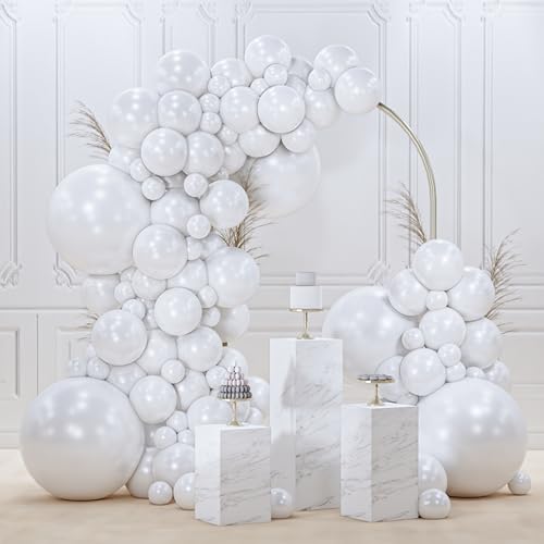 Image of PartyWoo Pearl White Balloons 145pcs Different Sizes Pack of 18 12 10 5 Inch Metallic White Latex Balloon Arch Kit Garland for Wedding Graduation Baby Shower Birthday Party Decorations White-Z30