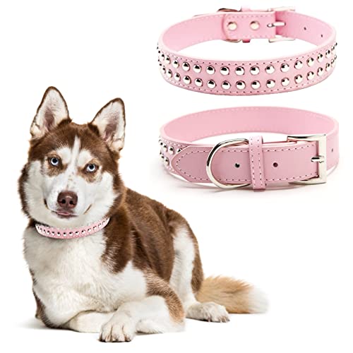 Bingpet Ba2006 Adjustable Dog Real Split Leather Studded Pet Dog Collar, Durable Doggy Collars For Small Medium Large Dogs - Pink M #TOP7