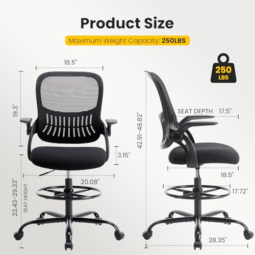 Image of Sweetcrispy Tall Drafting Desk Chair - Ergonomic High Stool Computer with Adjustable Height and Comfy Lumbar Support, Office Rolling Counter with Flip-up Arm and Footrest, Black