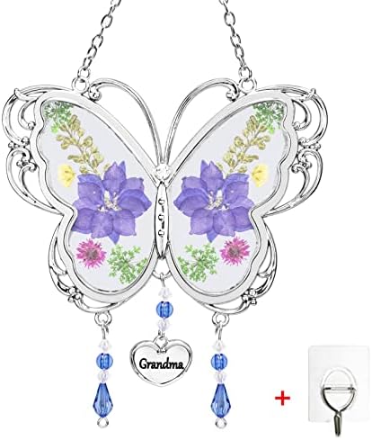 BOGDAN Crystal Butterfly Suncatcher with Pressed Flower Wings Mom Mother's Day Butterfly Glass Wind Chime Ornament Charm with Metal Heart Happy Birthday Gifts for Grandma with Free Hook (Grandma)