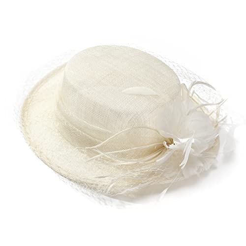 Vintagehat White Feather Fascinator With Veil - Classic Boater Hat For Summer Sinamay Fascinators Hat Wide Brim Beach Sun Hat #TOP2