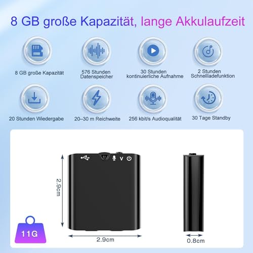 Mini Diktiergerät mit eingebautem Magnet, Ultradünn nur 0,95cm, Sprachaktivierung & DSP-Rauschunterdrückung, One-Touch-Aufnahme, Tragbares Aufnahmegerät für Meetings, Interviews