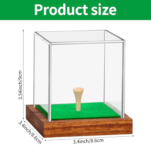 Clear Acrylic Golf Ball Display Case with Wood Base & Tee, Memorabilia Stand Cube Holder, Dust Protection Transparent Storage Box for Single Ball Souvenir Golfball Collections