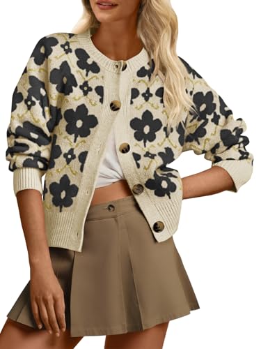 Saodimallsu Womens Floral Cardigan Sweaters Black Long Sleeve Open Front Button Down Knit Sweater Coat for Trendy 2026