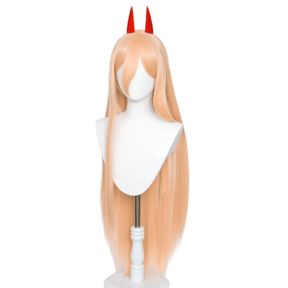 Power Wig Orange Long Straight with Horn Cosplay Wig for Anime Blood Demon Cos Costume Heat Resistan Synthetic Fiber Hairs Halloween Christmas Replacement Wigs - Image 3