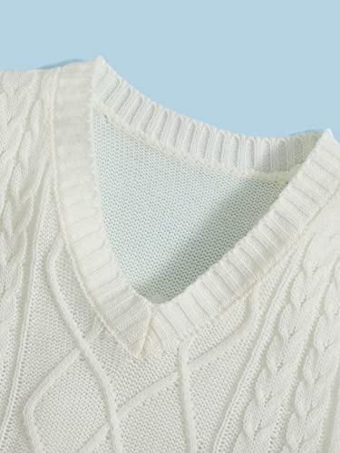 Oyoangle Girl's Cable Knit V Neck Sweater Vest Sleeveless Pullover Knitwear Tank Tops White 11-12Y #TOP2