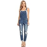 Women’s Junior Ankle Length Skinny Leg Distressed Denim Overalls, Medium Wash, www.denim.fit