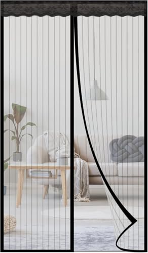 Image of Magnetic Mosquito Screen Door Net Curtain (with Thumb Pins Only (Tape not Included)) Magnets Reinforced Polyester Curtain Back Door Mesh with Insect Control | Insect Repellent Size 7 feet Black Color
