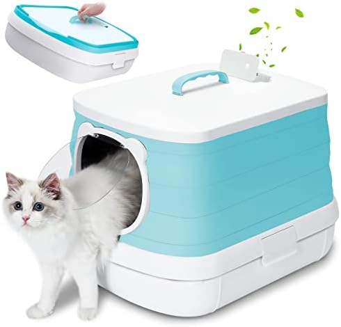 FLARUZIY Cat Litter Box, Foldable Large Portable Litter Box with Shovel Storage Space, Prevents Urine and Litter Leakage, Fully Enclosed Litter Box Isolates Odor, Portable for Outdoor Travel