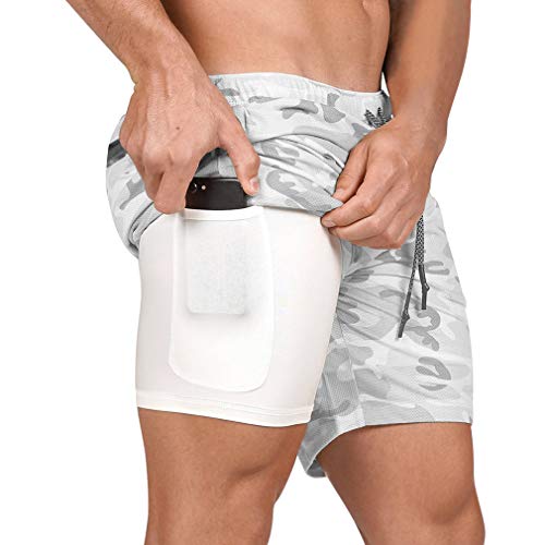 BOOMLEMON Men's 2-in-1 Workout Quick-Dry Shorts Gym Running Training Short Pants with Pockets(Camo White XL/Tag 3XL)