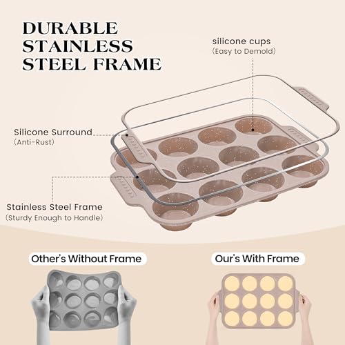 Image of 1 Pc Silicone Muffin Pans for Baking with Metal Reinforced Frame, Nonstick Cupcake Tray for Oven, 12 Cups Regular Size Silicone Molds for Egg Bites, Dishwasher Safe (Brown)
