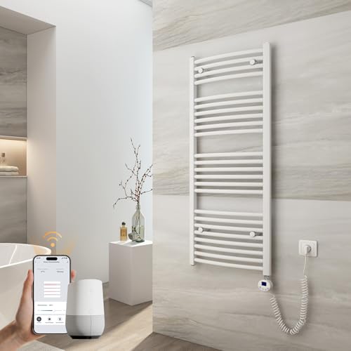 EMKE Handtuchheizkörper Elektrisch mit Thermostat 1200 x 500 mm, WiFi Intelligenter Gebogen Badheizkörper Elektrischer Handtuchwärmer Handtuchhalter mit Heizstab Weiß 500 Watt