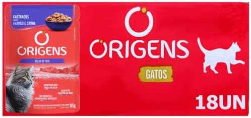 Ração Úmida Origens Sachê Gatos Castrados Frango e Carne 85g 18 U...