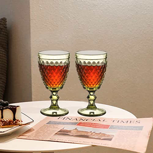 Vintage Wine Glasses Set Of 6, 10 Ounce Colored Glass Water Goblets, Unique Embossed Pattern High Clear Stemmed Glassware Wedding Party Bar Drinking Cups Diamond Green #TOP4