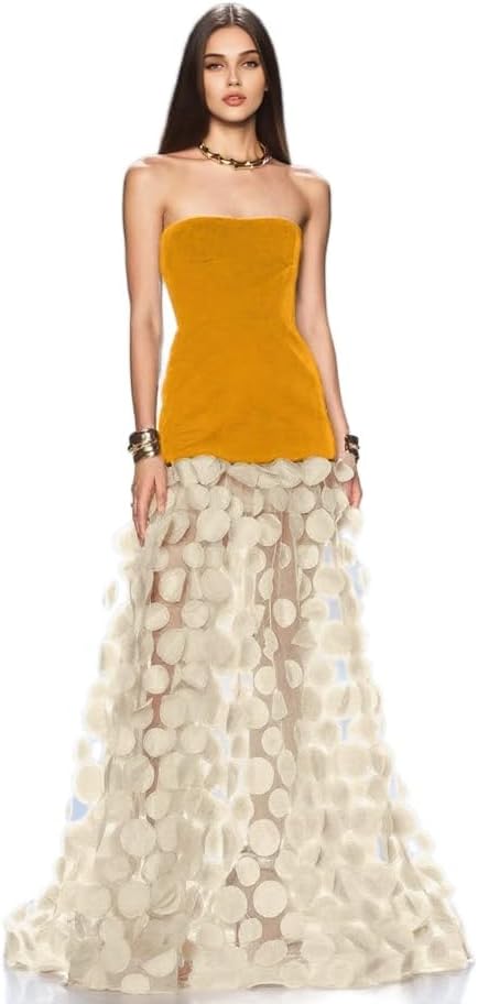 Women's Evening Gown Strapless Fitted Patchwork Polka Dot Mesh A-line Long Dress Simple & Elegant for Daily Outing Travel Wedding Party Cocktail Reception Dinners